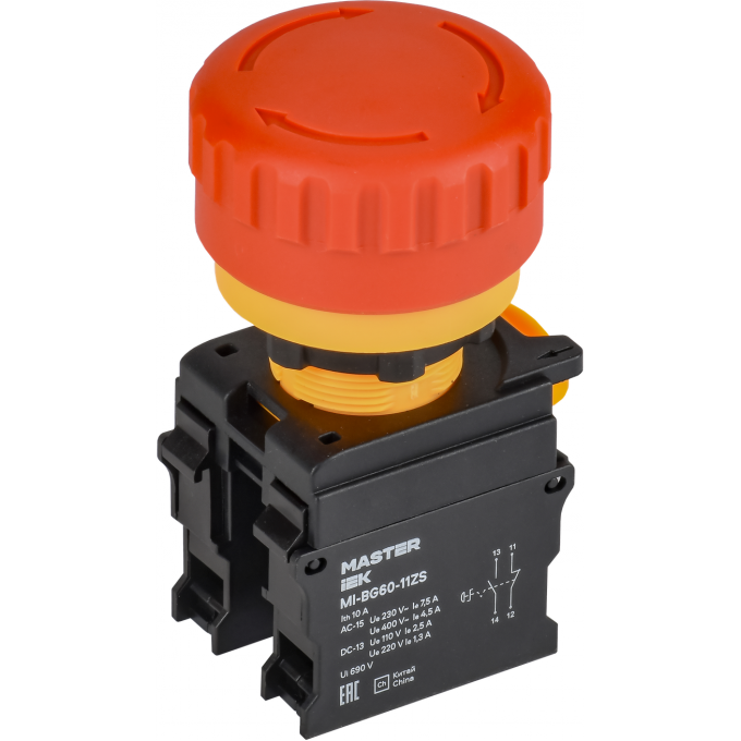 Кнопка IEK MASTER MI-BG60-11ZS-3-23-K04 "Грибок" поворотная с фиксацией 1NO+1NC красная MI-BG600-11ZS-3-23-K04